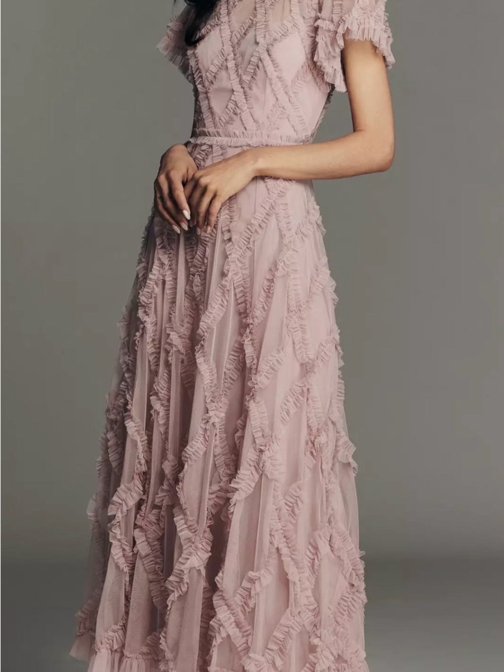 Mac Duggal Short-Sleeve Crosshatch Maxi Dress